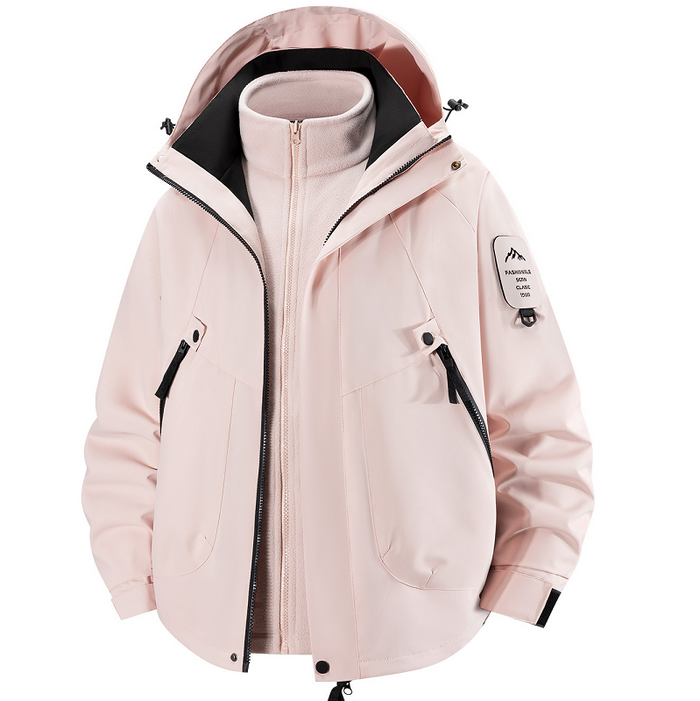 Unisex 3-in-1 waterproof and windproof outdoor mountain jacket with detachable layers, suitable for hiking and outdoor activities.