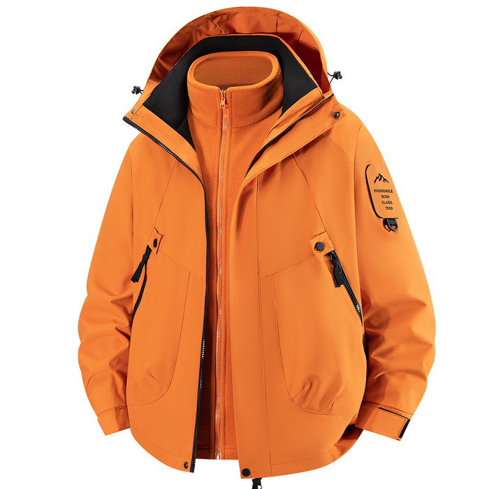 Unisex 3-in-1 waterproof, windproof outdoor jacket with detachable layers, ideal for mountain hiking and outdoor adventures.