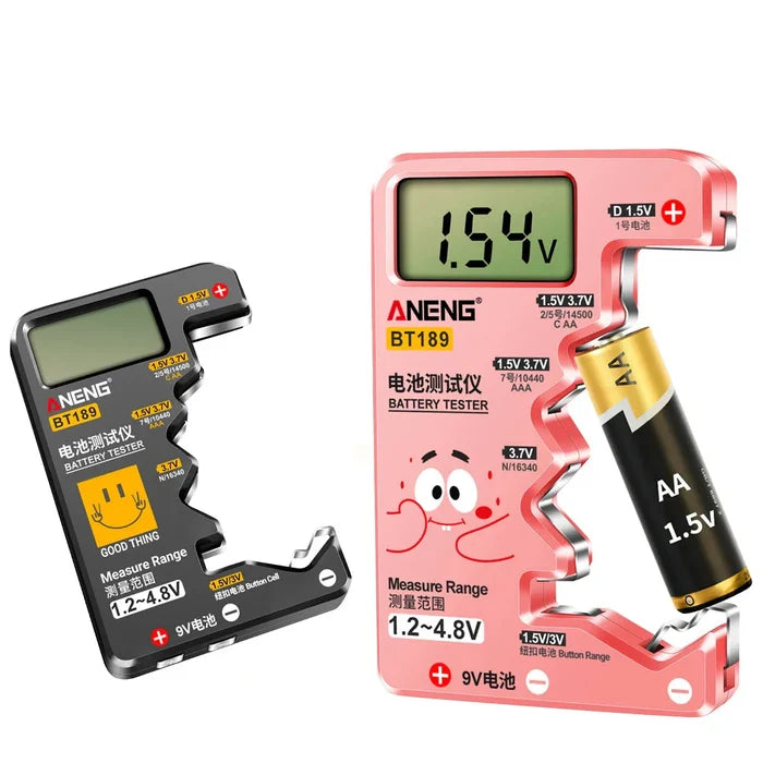 Habicare HBC universal battery tester showing AA, AAA, C, D, 9V, 1.5V, and 3V batteries in two available colors.
