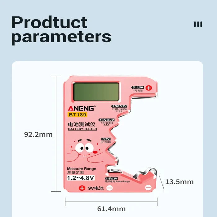Habicare HBC universal battery tester for AA, AAA, C, D, 9V, 1.5V, and 3V batteries in two colors, shown in the image.