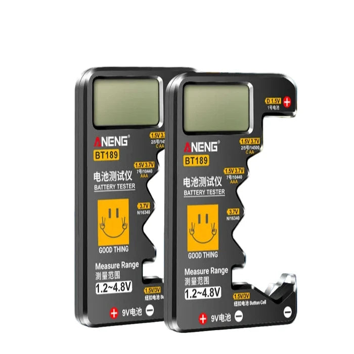 Habicare HBC universal battery tester for AA, AAA, C, D, 9V, 1.5V, and 3V batteries in two colors, showing digital display.