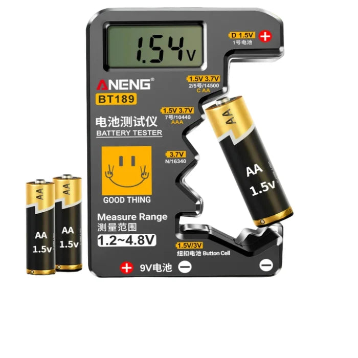 Habicare HBC universal battery tester for AA, AAA, C, D, 9V, 1.5V, and 3V batteries in two colors, showing testing display.