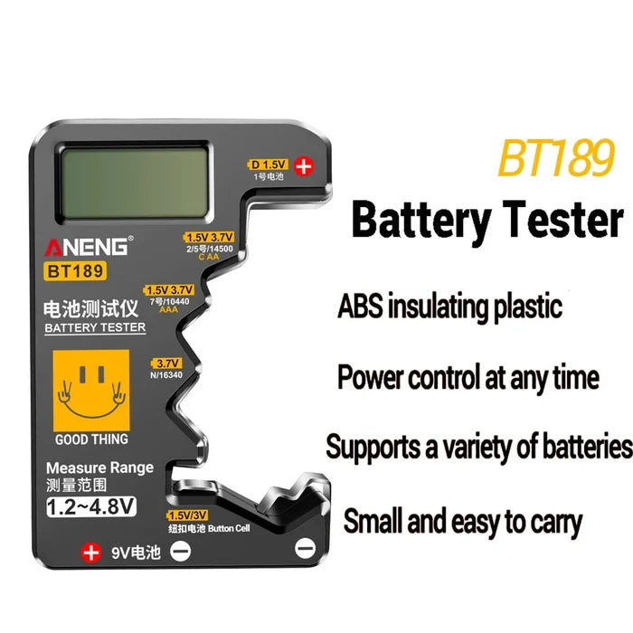 Habicare HBC universal battery tester for AA, AAA, C, D, 9V, 1.5V, and 3V batteries in two colors, showing digital display.