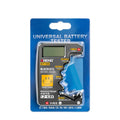 Habicare HBC universal battery tester for AA, AAA, C, D, 9V, 1.5V, and 3V batteries in two colors, showing the device with test indicators.