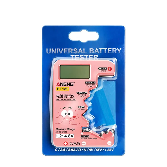 Habicare HBC universal battery tester for AA, AAA, C, D, 9V, 1.5V, and 3V batteries in two colors, showing display screen and test ports.
