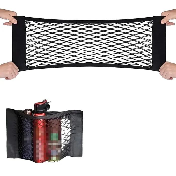 Habicare HBC universal double mesh vehicle storage net in three sizes for organizing car trunk or backseat areas.