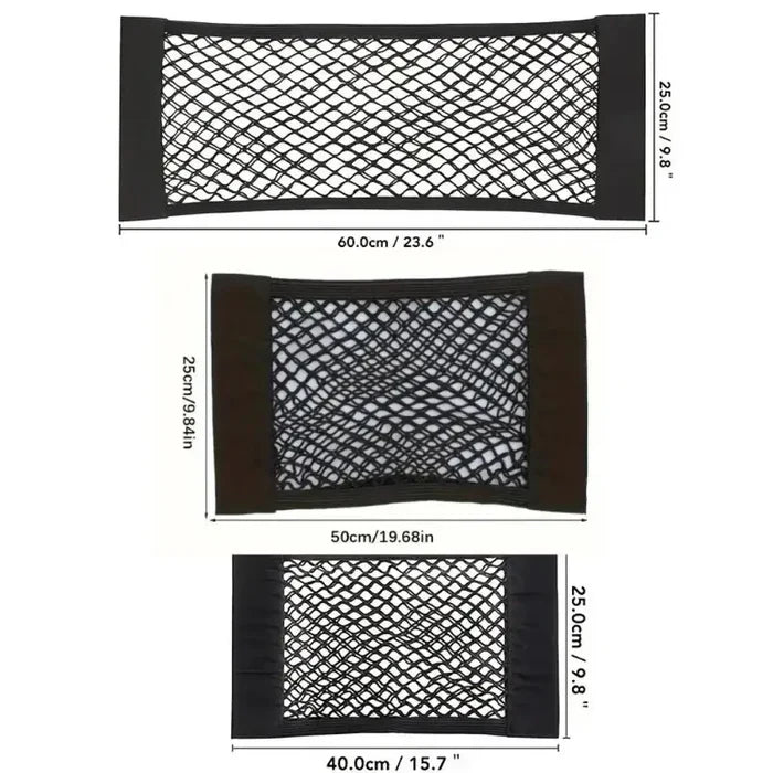 HBC Habicare universal double mesh vehicle storage net in three sizes, designed to organize and secure items in cars.