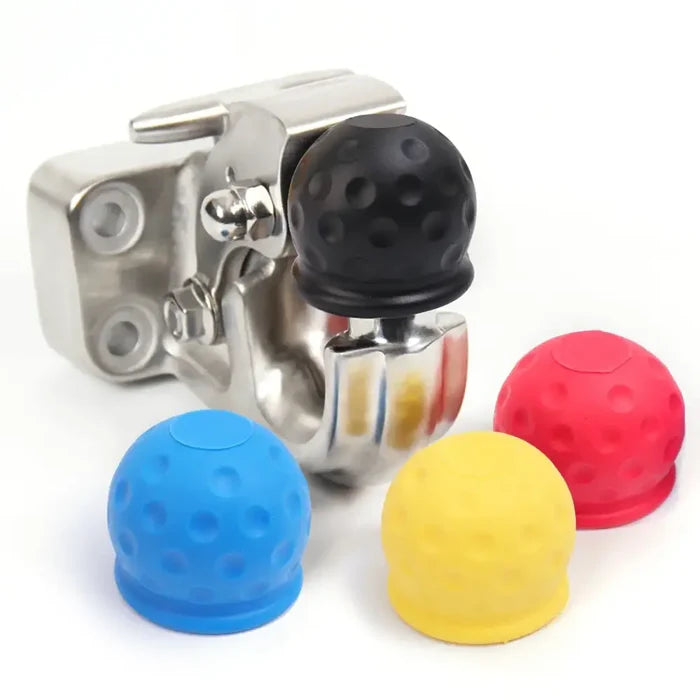 Habicare Universal Tow Bar Ball Cover Cap, HBC brand, protects tow ball from dirt and damage, shown in black on a tow hitch.