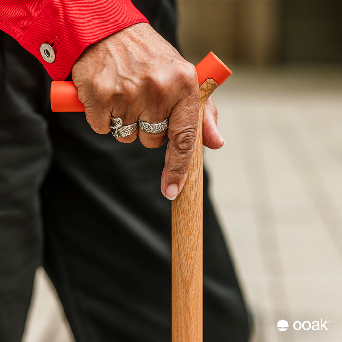 Ooak Coral and Oak walking stick with botanical design, featuring coral and oak wood elements in a stylish, handcrafted style.