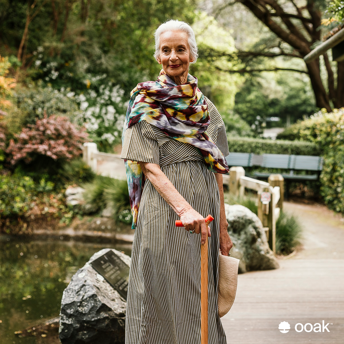 Ooak Coral and Oak walking stick featuring a botanical design with coral and oak elements, natural wood finish, square-shaped top.