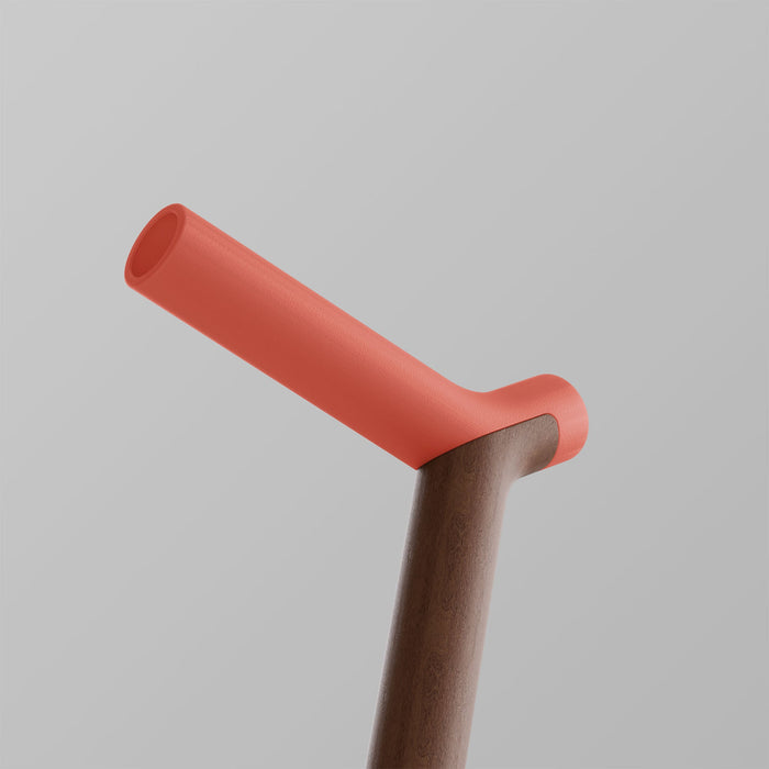 Ooak Uno walking stick with walnut handle and coral accents, featuring a natural wood finish and ergonomic design.
