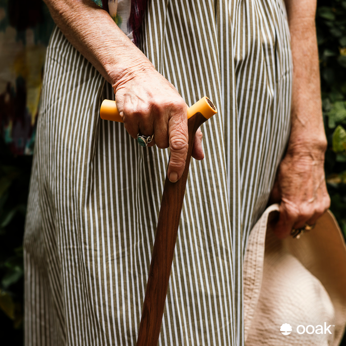 Ooak Uno walking stick with Kowhai and Walnut wood, featuring a polished finish and elegant botanical design.