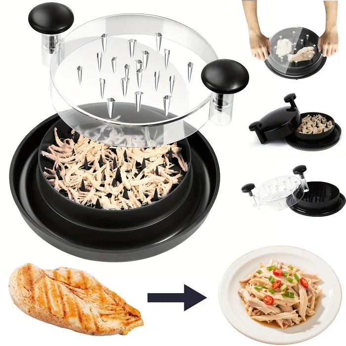 Upgraded ShopHub NZ chicken shredder with cover, showing stainless steel blades and secure lid for easy shredding of cooked chicken