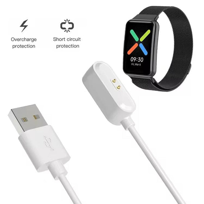 White USB-A charger for OPPO Watch Free, 1-meter cable, compatible with That Watch Shop accessories, shown with cable and charger port