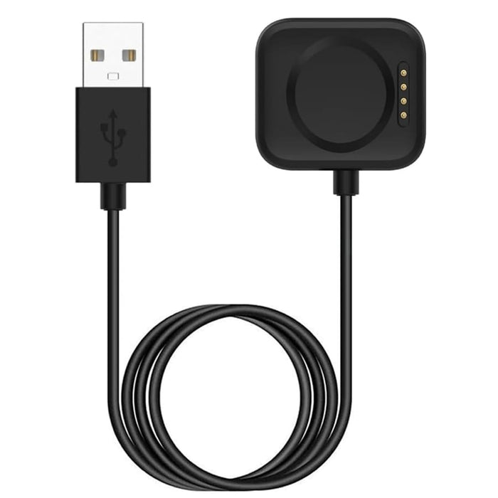 Black USB-A magnetic charger cable for OnePlus Watch 2, 2R, or 3, 1 meter long, shown connected to a smartwatch.