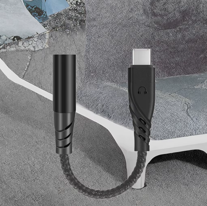 Techplus USB-C to 3.5mm headphone jack adapter for iPhone and car audio, AUX audio cable with compact design.