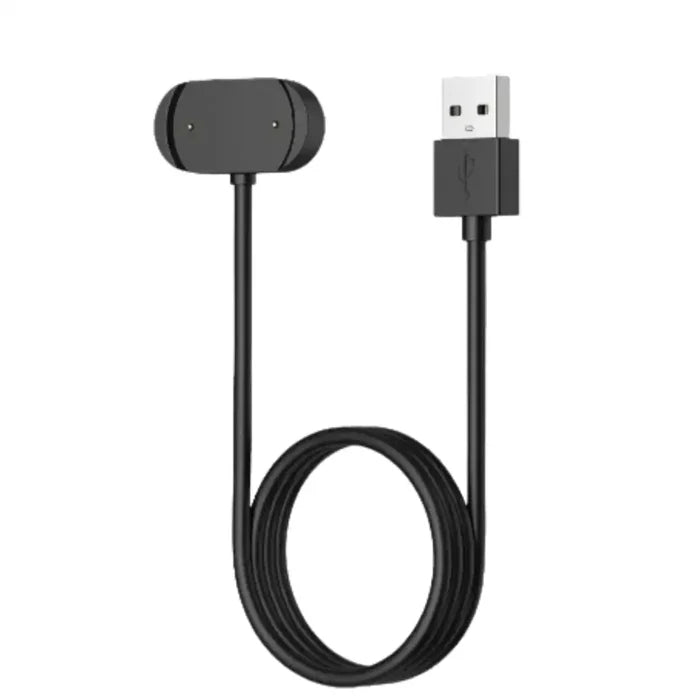 Habicare USB charger cable for Amazfit GTR, GTS, T-Rex 2 TWS smartwatch models, shown connected for charging.