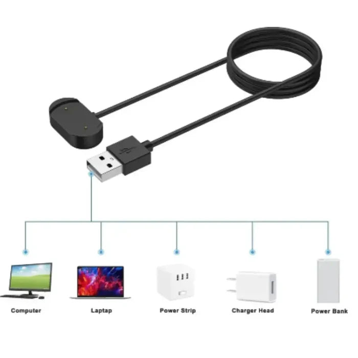 Habicare USB charger cable for Amazfit GTR, GTS, T-Rex 2 TWS smartwatch charging port, black cable with connector.