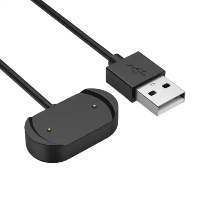 Habicare USB charger cable designed for Amazfit GTR, GTS, and T-Rex 2 TWS smartwatches, showing the cable and connectors.