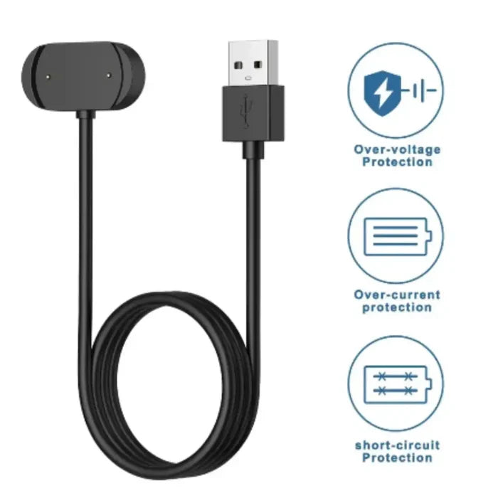 Habicare TWS USB charger cable for Amazfit GTR, GTS, and T-Rex 2 smartwatches, shown connected to the devices.