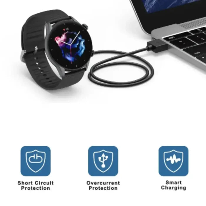 Habicare TWS USB charger cable compatible with Amazfit GTR, GTS, and T-Rex 2 smartwatches, shown connected for charging.
