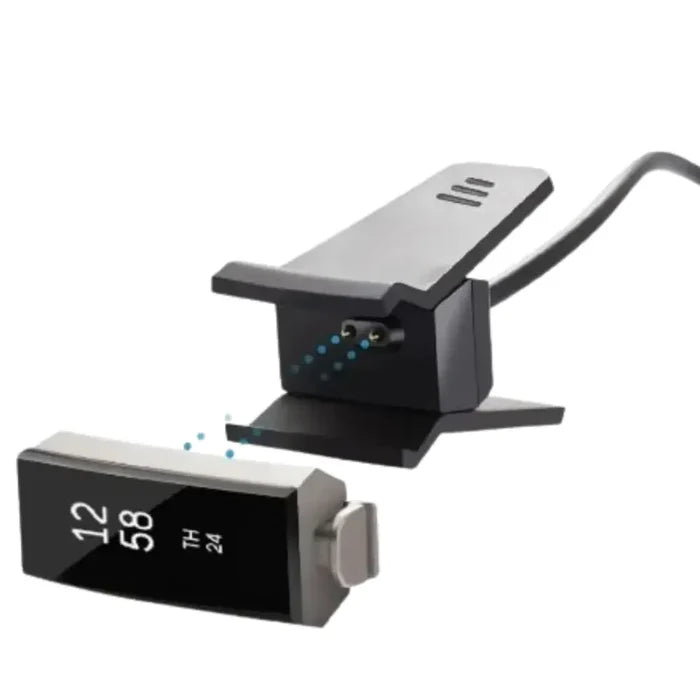 Habicare TWS USB charger cable for Fitbit Alta and Alta HR fitness trackers, shown connected to device for charging.