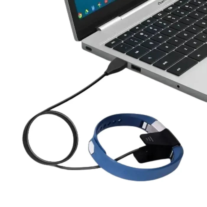 Habicare TWS USB charger cable for Fitbit Alta and Alta HR fitness trackers, shown connected to devices.