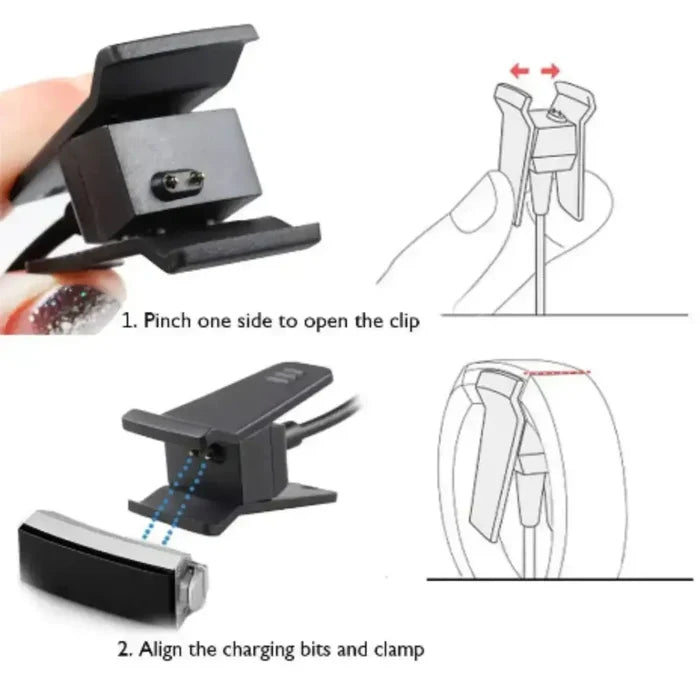 Habicare TWS USB charger cable for Fitbit Alta and Alta HR fitness trackers, shown plugged into the devices.