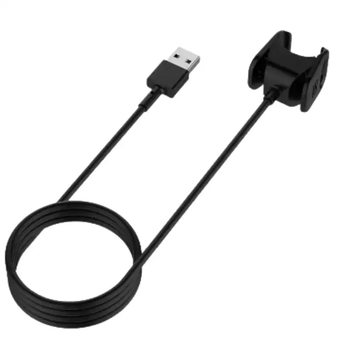 Habicare TWS USB charger cable for Fitbit Charge 3 and 4, shown connected to a smartwatch for charging and data transfer.