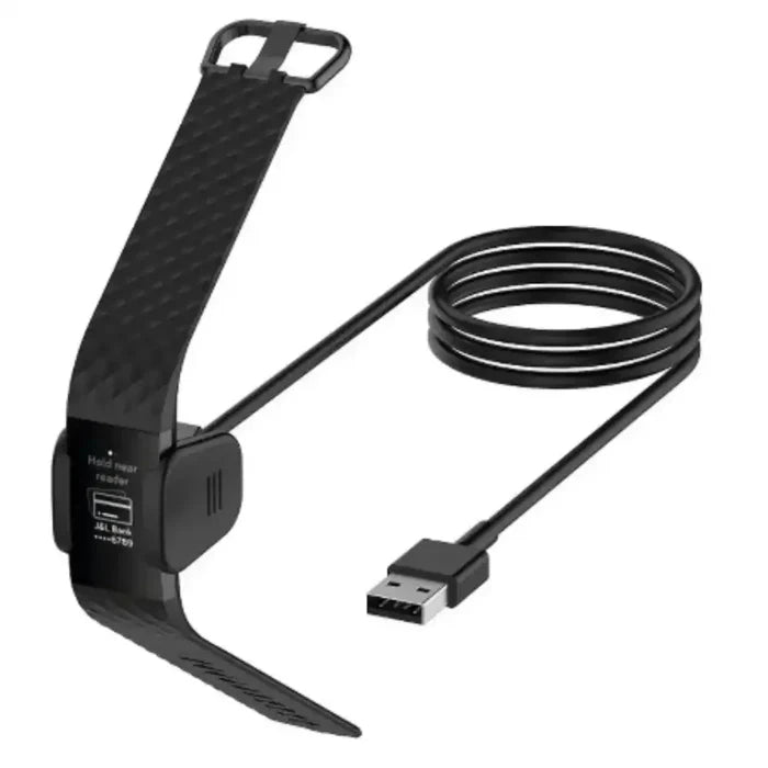 Habicare TWS USB charger cable for Fitbit Charge 3 and 4, black flexible charging cable with USB connector and magnetic charging end.
