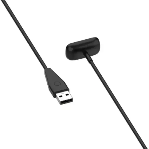 Habicare TWS USB charger cable compatible with Fitbit Charge 5 and 6, shown connected to the devices for charging.