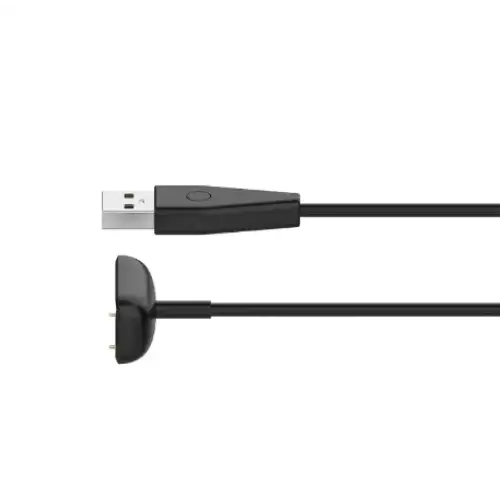 Habicare TWS USB charger cable for Fitbit Charge 5 and 6, shown connected to the device with a focus on the cable and Fitbit.
