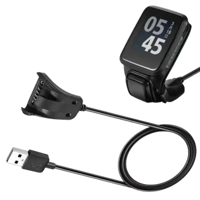 Habicare TWS USB charger cable for TomTom Spark, Golfer, and Runner fitness watches, shown plugged into the device.