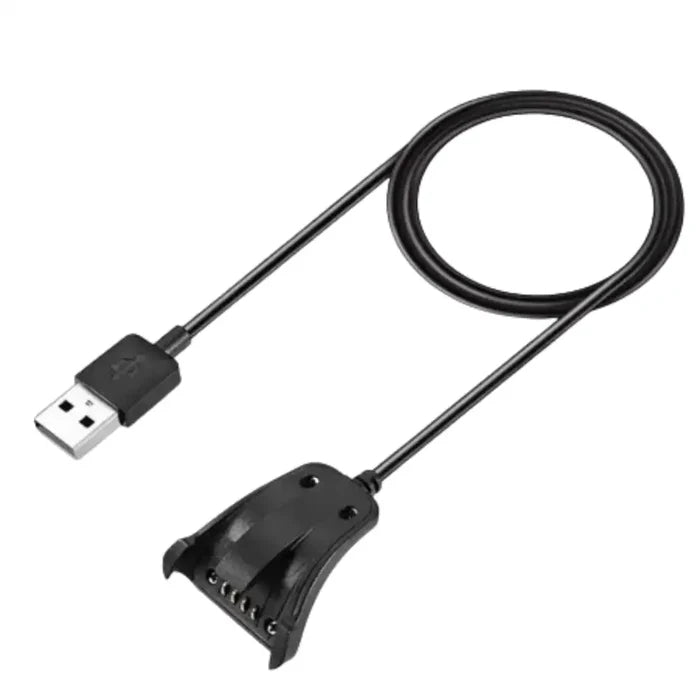 Habicare USB charger cable for TomTom Spark, Golfer, and Runner TWS devices, shown connected to a charging port.