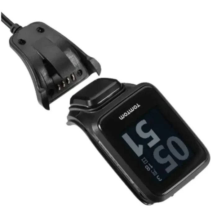 Habicare TWS USB charger cable compatible with TomTom Spark, Golfer, and Runner fitness watches, shown in black.
