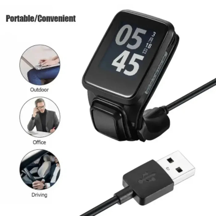 Habicare TWS USB charger cable for TomTom Spark, Golfer, and Runner fitness watches, shown connected to a device.