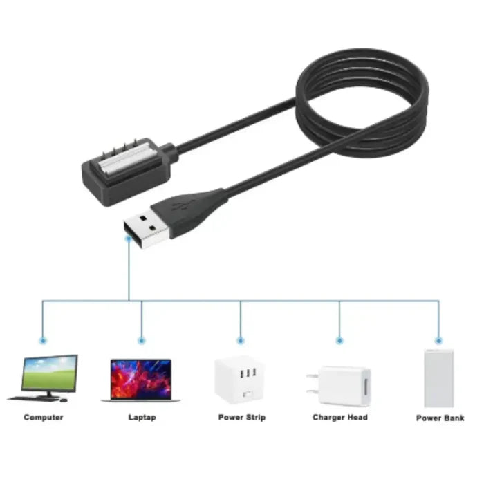 Habicare TWS USB charger for Suunto 9, Spartan, D5, and EON Core fitness watches, shown connected to a watch.