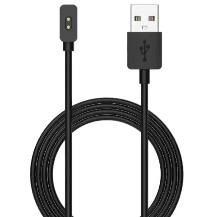 Habicare TWS USB charger compatible with Xiaomi Mi Band 2 to 8, shown connected to the fitness tracker in the image.