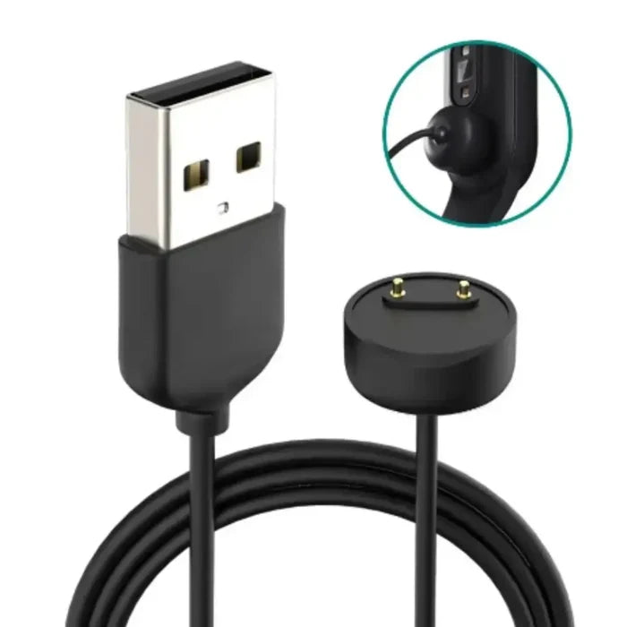 Magnetic USB charger for Xiaomi Mi Band 2-7, TWS Habicare brand, shown connected to the fitness tracker.