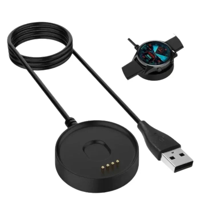 Habicare USB charging dock for Ticwatch C2 TWS smartwatch, shown connected and ready for charging.