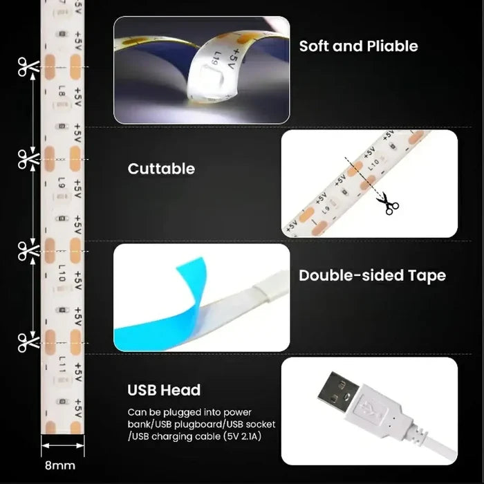 HBC USB LED strip light by Habicare with multiple color options, flexible design for decorative or task lighting.