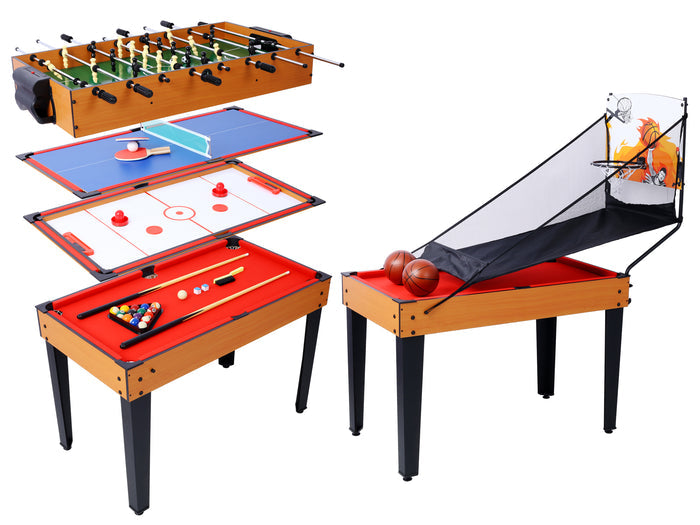 Versatile 5-in-1 Multi-Game Table with Billiards, Foosball & More, Brown/Red