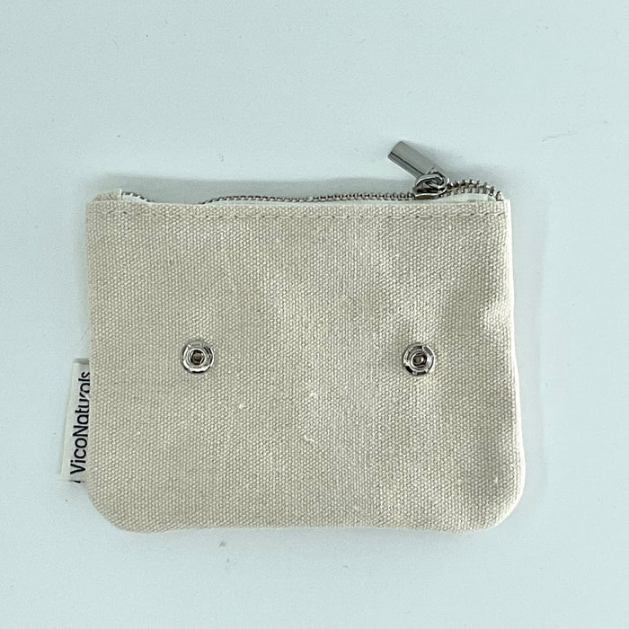 A beige eco soap bag with a zipper, made from recycled cotton with the brand name 'VICO' visible on the fabric.