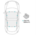 Top view diagram of a Tesla Model 3/Y/Model 3 Highland roof with two glass panels, each marked with six blue dots showing where to install Voyager 2 Roof Glass Sunshade Replaceable Clips by HALOBLK Store; clip image shown on the right.