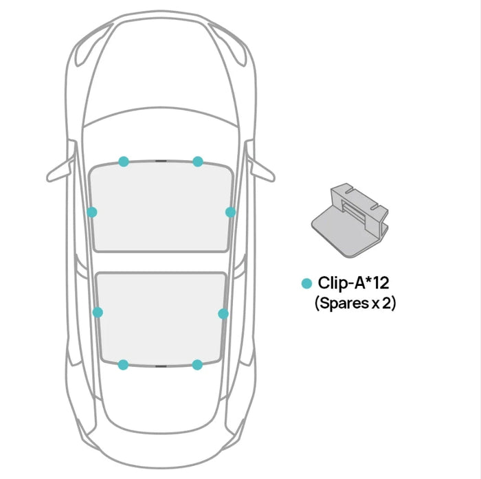 Top view diagram of a Tesla Model 3/Y/Model 3 Highland roof with two glass panels, each marked with six blue dots showing where to install Voyager 2 Roof Glass Sunshade Replaceable Clips by HALOBLK Store; clip image shown on the right.