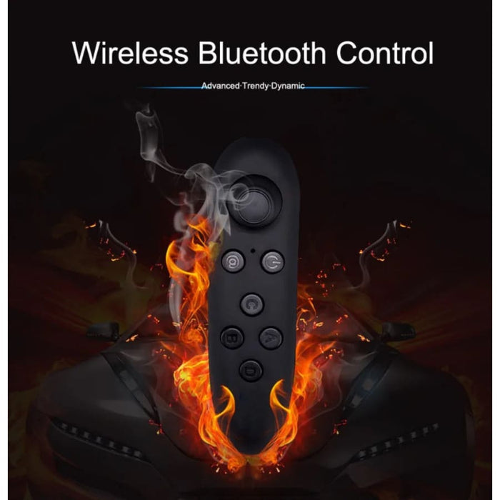 9eight5 VR goggles with remote control for immersive virtual reality experiences, featuring adjustable head straps and detailed lenses.