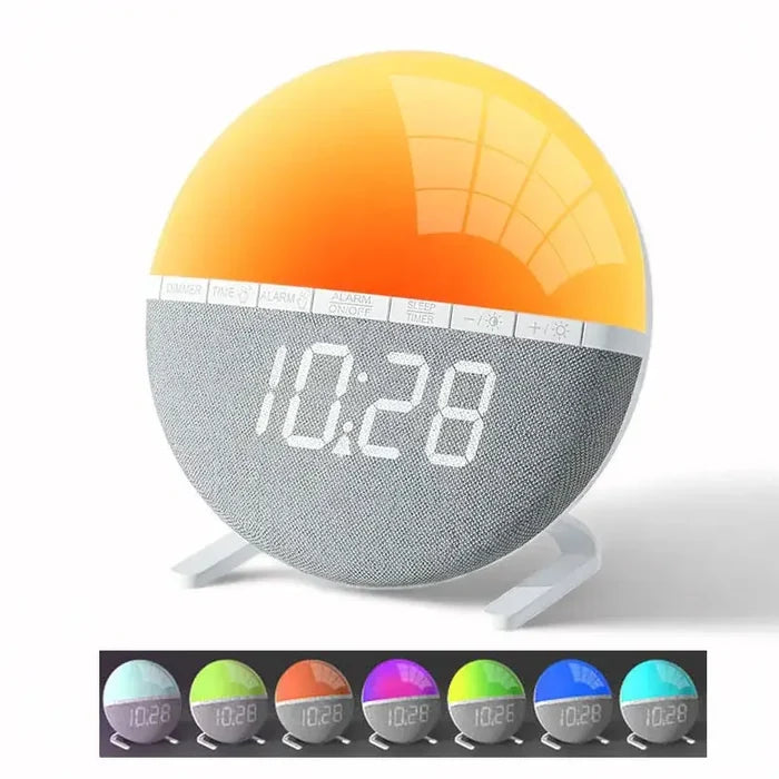 Habicare Wake-Up Light Sunrise Alarm Clock with LED sunset simulation and adjustable brightness, designed for gentle wake-ups.