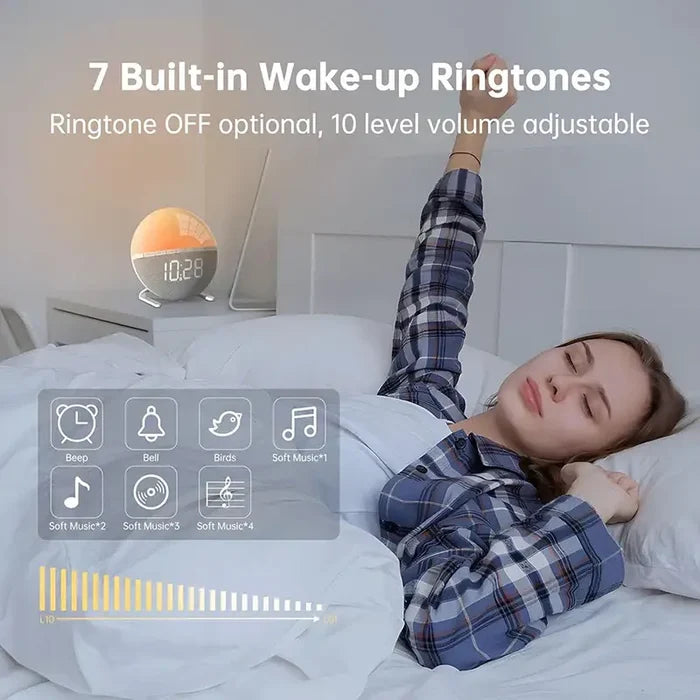 Habicare Wake-Up Light Sunrise Alarm Clock with sunrise simulation and digital display, designed for gentle morning wake-ups.