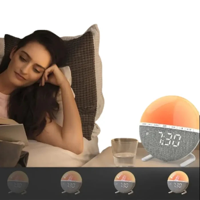 Habicare Wake-Up Light Sunrise Alarm Clock with adjustable brightness and sunrise simulation for gentle morning wake-up.