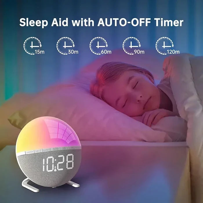Habicare Wake-Up Light Sunrise Alarm Clock HBC 206 displaying its soft glowing light and digital display screen.